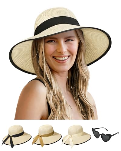 Senker Fashion Sun Hats for Women, Wide Brim Straw Floppy Hat for Beach Summer Vacation Garden Packable Roll Up UPF 50+ Beige Black