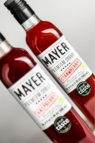 Image of Mayer Strawberry and Raspberry Syrups - Award-Winning, Crafted with 100% Real Fruits, All-Natural, Vegan, Gluten Free, Versatile for Cocktails, Beverages & Desserts - No Artificial Additives, Only Real Fruits and 3 Natural Ingredients ( 16.9 Fl oz. / 500 ml, 2 PACK )