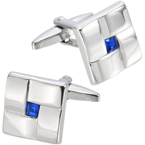 Mancuernillas metálicas plateadas con cristal azul para hombres y mujeres miniatura 4