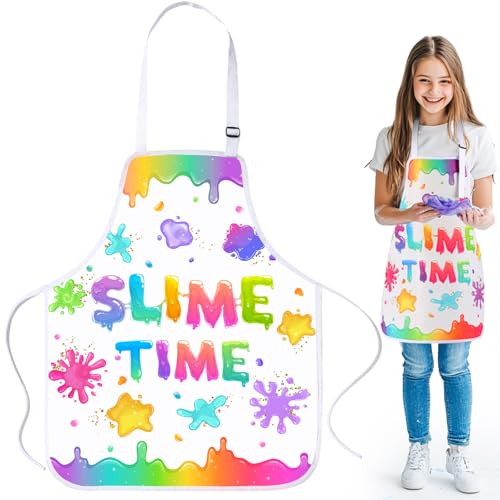 Coume 1 Pcs Kids Art Paint Aprons Waterproof Cooking Bibs Slime Time Accessories for Splatter Slime Theme Birthday Party Decoration (White)