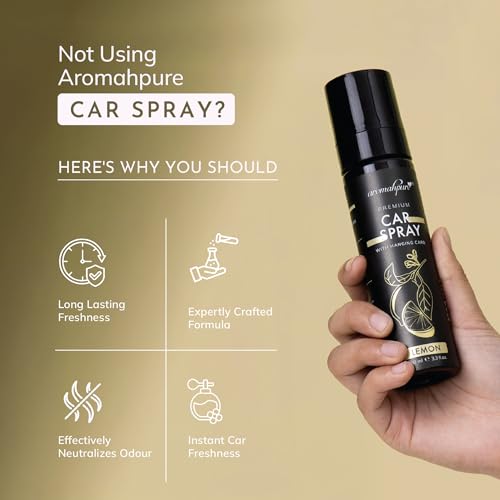 Image of Aromahpure Lemon Car Perfume Spray with Hanging Card | 100ml | Long Lasting 800+ Sprays Car Fresheners | IFRA-Compliant Fragrance and Travel Friendly Car Air Freshener| CFC Free &Fast Acting Formula