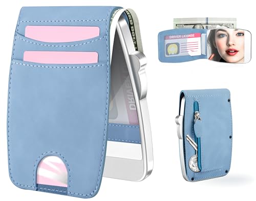 Wallet Women RFID Blocking Wallet with ID Windows, Pop-up Case, Cash Slot, Credit Card Minimalist Wallet with Mirror and Coin Pocket (Dreamy blue)