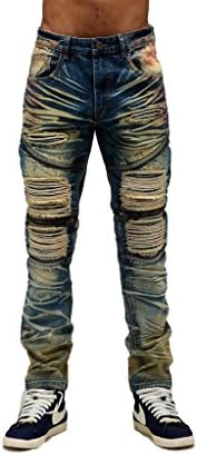 Smoke Rise Men's Ripped with Accordion Backing Moto Biker Denim Jean