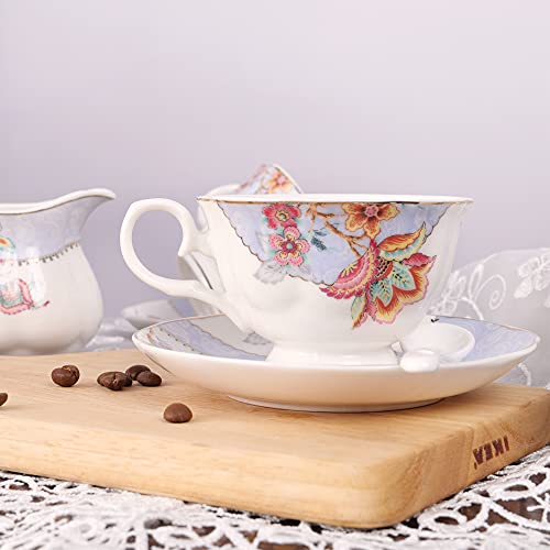 fanquare Purple Flowers Porcelain Tea Set, Tea Cup and Saucer Set, Wedding Tea Service for 6, China Coffee Set