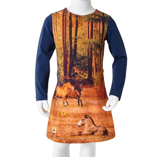 QUAHEAS Robe pour fille à manches longues bleu marine avec motif cheval en coton et élasthanne, taille 104, confortable et respirante pour la vie quotidienne, les fêtes, l'école, les fêtes et les – vue 8