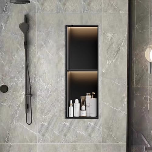 HEFJIAYCIQ Stainless Steel Recessed LED Shower Niche, No Tile Need Bathroom Storage Lighting Wall Cabinet, Over Mount Installation Shower Shelf,2tier black,28x12.5x70cm