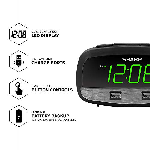 Sharp Digital Clock With Alarm And Dual Usb Fastcharge Charging Ports - Charge Your Phone Bedside - Battery Back-Up - Easy To Use #TOP2