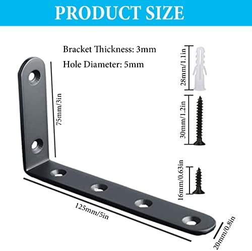 CYH 8 Pcs Black Heavy Duty Shelf Brackets L Shaped Brackets Wall Shelf Support Corner Brace with 2 Size Screws and Expansion Tube