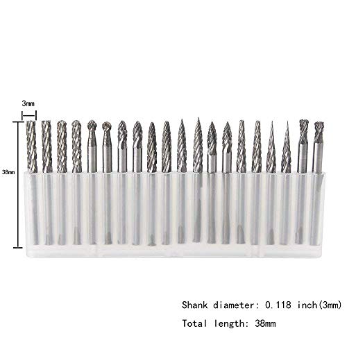 Yufutol 20Pcs Solid Carbide Burr Set 0.118‘’（3Mm）Shank Tungsten Carbide Rotary Files Burrs With 3Mm Cutting Head Diameter Fits Most Rotary Drill Die Grinder For Woodworking,Engraving,Drilling,Carving #TOP1