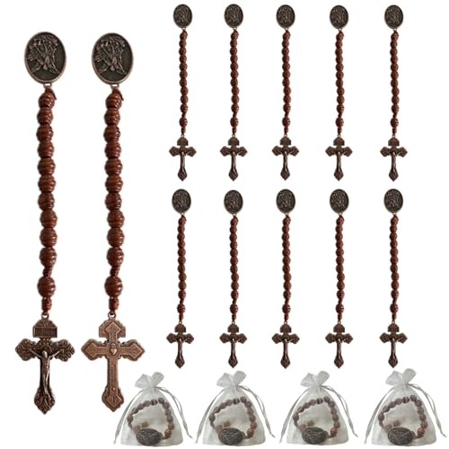 Image of Bovemee Saint Benedict Medal Prayer Pocket Rosary Catholic Brown Wood Beads with Medalla de san benitol and Crucifix, 9 Inch