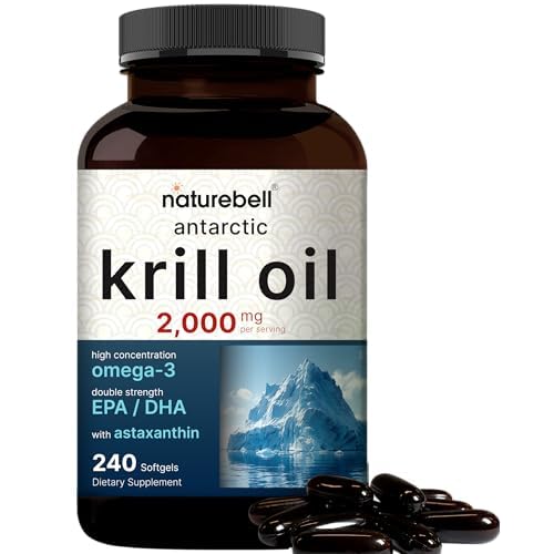 NatureBell Antarctic Krill Oil 2000mg Supplement, 240 Softgels, 3X Strength Natural Source of Omega-3s, EPA 240mg + DHA 160mg + Astaxanthin 800mcg – No Fishy Aftertaste – Mercury Free & Non-