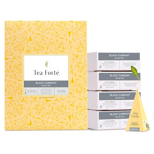 Tea Forte Black Currant Premium Caffeinated Black Tea Blend Event Box, Bulk Pack 40 Count, 10 per tray Individually Wrapped Handcrafted Pyramid Infusers