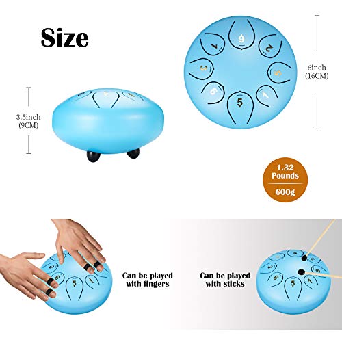 Steel Tongue Drum 6 Inch 8 Note Percussion Instrument Lotus Hand Pan Drum With Drum Mallets Carry Bag，Musical Education, Gifts, Mental Rehabilitation And Yoga Meditation (Lake Blue) #TOP1