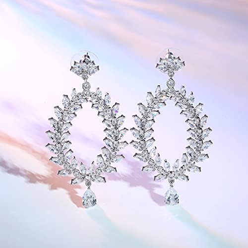 Frwiskp Wedding Earrings for Brides,18K White Gold Plated Sterling Silver Post Cubic Zirconia Dangle Earrings, Hypoallergenic Chandelier Earrings for Women — view 3