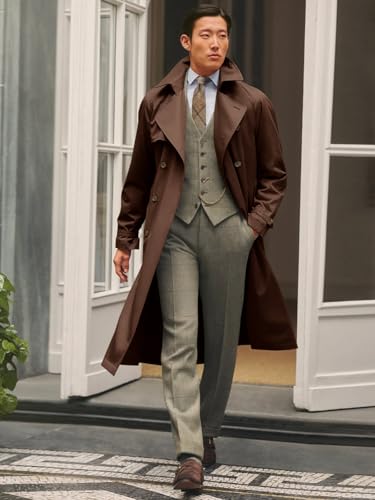 Image of Runcati Mens Trench Coat Double Breasted Notched Lapel Casual Belted Windbreaker Fall Classic Long Jacket Overcoat