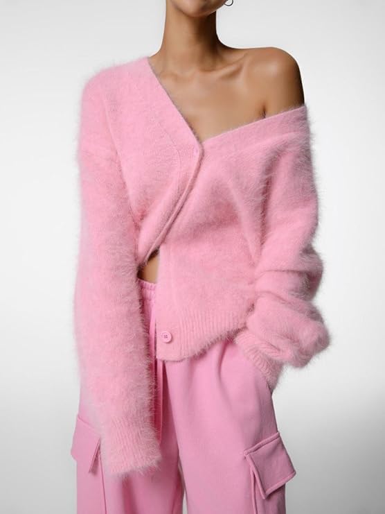 Damskie Fuzzy Moher Sweter Guzik W Dół Dekolt W Serek Długi Rękaw Dzianiny Topy Codzienny Lekki Kardigan, 5, XL