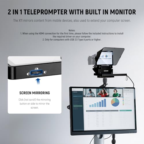 Image of NEEWER 2 in 1 Teleprompter 11 Inch with Monitor, Supports Screen Mirroring, Portable Prompter for Camera Mobile Phone Webcam Windows MacOS for YouTube Twitch Live Streaming Conference, X11 Matte Black