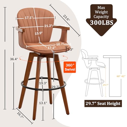 Image of LUNLING 30 inch Bar Height Stools,Mid Century Modern Bar Stool,Brown PU Leather Kitchen Island Stools,Wood High Barstools Swivel with Back and Arms for Home Bar Furniture,1PCS