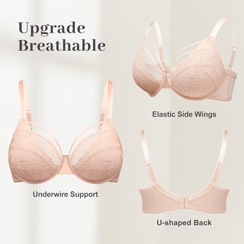 Minimizer Bras for Women Full Coverage - Plus Size Womens Bra Underwire with Support and Lift - No Front Closure Minimizing Women's Lace Bralette - Comfort Unlined No Wire Push Up Bra for Large Breast