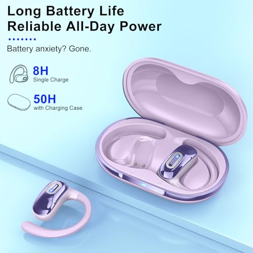 Image of Open Ear Headphones, Bluetooth 5.4 Earbuds, 50H, Air Conduction Ear buds, HD Stereo Bass Over Ear Earphones with Earhooks, Ultra-Comfort Secure, IPX7 Waterproof Headset for Working Sports, Purple