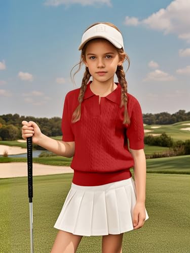 Image of Girls Short Sleeve Polo Shirt Summer Knit School Uniform Blouse V Neck Cable Pullover Sweater Tops 5-14 Years