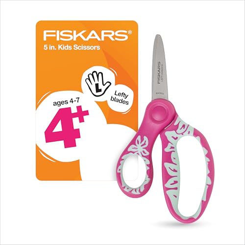 Fiskars 5' SoftGrip Left-Handed Kids Scissors, Pointed Tip, Pink/Light Blue Floral, Safety Edge for Precision Cutting