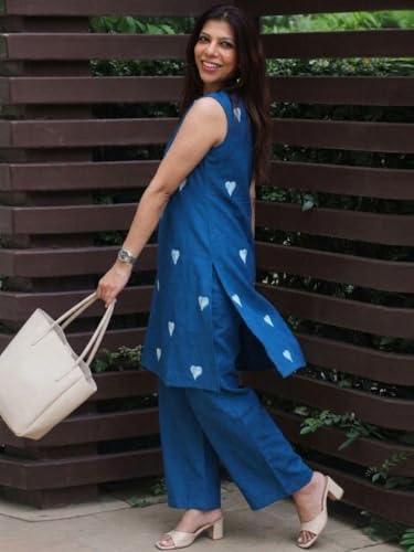 Image of ANNI Designer Kurta Set for Women Cotton Blend Embroidered | Kurti Set for Woman | Farshi Salwar Suit Kurta Palazzo Outfit | Round Neck V Slit Sleeveless Regular Fit Ethnic Dress Stylish Clothing