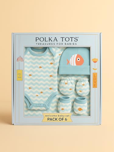 Image of POLKA TOTS Newborn Baby Gift Set Box | Premium Cotton Baby Clothes Set 0-3 Months for Boys & Girls | Essentials Newborn Baby Dress Kit | Ideal Baby Shower Gifts for Mom to Be & New Mothers (Pack of 6)