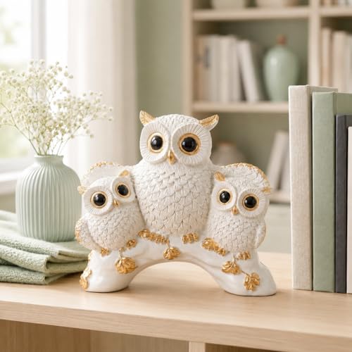 Image of Amazon Basics Charming Owl Family Figurine for Home & Office Decor | Artistic Ceramic Owl Showpiece for Living Room, Shelf, Study Table & Entrance Styling (White & Gold)