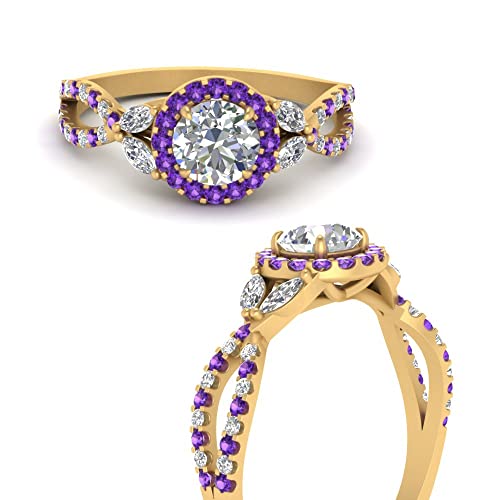 Image of Choose Your Gemstone Floral Split Shank Halo Engagement Ring Yellow Gold Plated Round Shape Split Shank Engagement Ring Lightweight Office Wear Everyday Gift Jewelry US Size 4 to 12