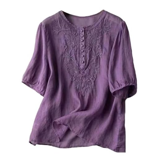 AEGJEGVD Chemisier Coton et Lin Manches Courtes pour Femme Blouses Ample Tunique D'été Bohème Vintage Broderie Top Hauts Lâche Respirant T-Shirts Grande Taille Pas Cher Mode Blouse Soldes