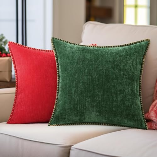 Image of decorUhome Soft Chenille Throw Pillow Covers 20x20 Set of 2 Green