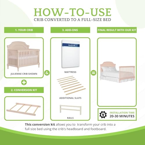 Full-Size Conversion Kit Bed Rails for Evolur Cribs - Solid Wood Crib Convertible Kit to Kids Bed - Transitional Style Rails & Easy-to-Install Child Essentials for Safety (Pink Satin)