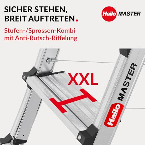 Hailo Master TL100 Topline 3-in-1 Alu Teleskopleiter - Flexible Arbeitshöhe 3-5 Stufen belastbar bis 150 kg - 2,65-3,09 m Arbeitshöhe einstellbar - extragroße Plattform - Leiter ausziehbar - Aluleiter