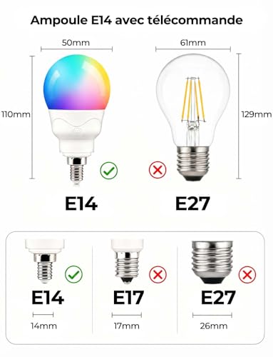 Ampoule LED E14 RGB blanche chaude 2700K variable multicolore avec télécommande sans fil