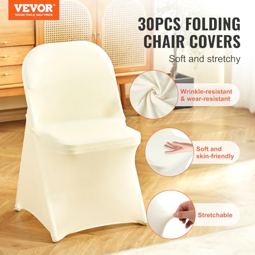 Image of VEVOR Stretch Spandex Folding Chair Covers, Universal Fitted Chair Cover, Removable Washable Protective Slipcovers, for Wedding, Holiday, Banquet, Party, Celebration, Dining (30PCS Ivory White)