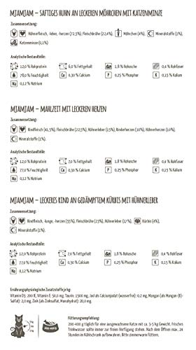 MjAMjAM - Premium Nassfutter für Katzen - Mixpaket I - Huhn, Rind, Herzen, 12er Pack (12 x 125 g), getreidefrei mit extra viel Fleisch