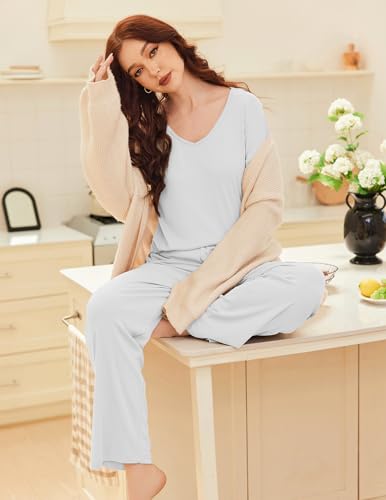 Ekouaer Womens Ribbed Knit Pajamas Set V Neck Long Sleeve Pj Set 2 Piece Loungewear Casual Sleepwear