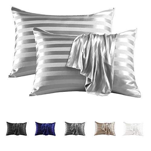 Image of MR&HM Satin Pillowcase for Hair and Skin, Silk Satin Pillowcase 2 Pack, Standard Size Pillow Cases Set of 2, Silky Pillow Cover with Envelope Closure (20x26, Silver Grey Striped)