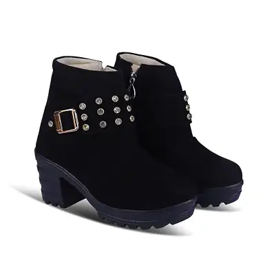 Stylish Suede Ankle Boots with Studded Belt and Block Heels