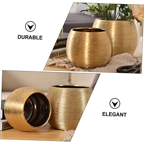 Offsch XTS2107YME1CD09E510WR8BK 2Pcs Brushed Round Flower Pot Succulent Pot Vase Plant Growing Pot Brass Flower Vase Gold Tone Planters Pottery Garden Pots Desk Topper Cactus Planter Ceramics Succulents Household thumb #1