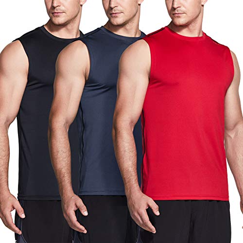 TSLA Men's Sleeveless Running Tank Top, Performance Athletic Muscle Shirts, Dry Fit Workout Gym Tank Tops, Active 3pack Muscle Black/Charcoal/Red, X-Large