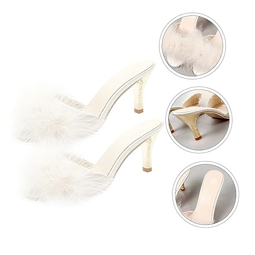 White Womens Faux Fur Kitten Heel Summer Sandals Mules Slip on Open Toe Backless Dress Sexy Low Heeled Slipper Slides Fuzzy Slippers Sandal2