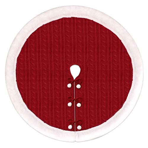 Wbhome Christmas Tree Skirt, 48 Inch Double-Layer Cable Knit Knitted Thick Rustic Holiday Decoration, Christmas Red With Snow White Plush #TOP3