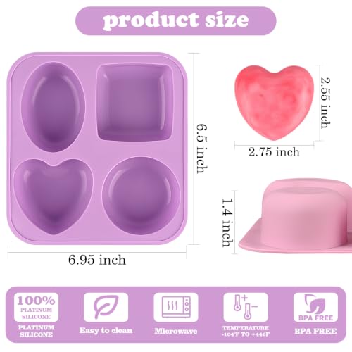 Image of Sakolla 3 Pack Silicone Soap Molds, 4 Cavities Heart, Square, Round and Oval Silicone Molds for Handmade Soap, Candle and Mousse Cake (Pink, Green, Purple)