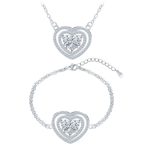 MicLee Collares colgantes y pulseras corazón con circonitas para mujer: Juegos de joyas de plata 925 - Pulsera y collar en forma de corazón - Joyas de boda elegantes - Joyas de fiesta plata
