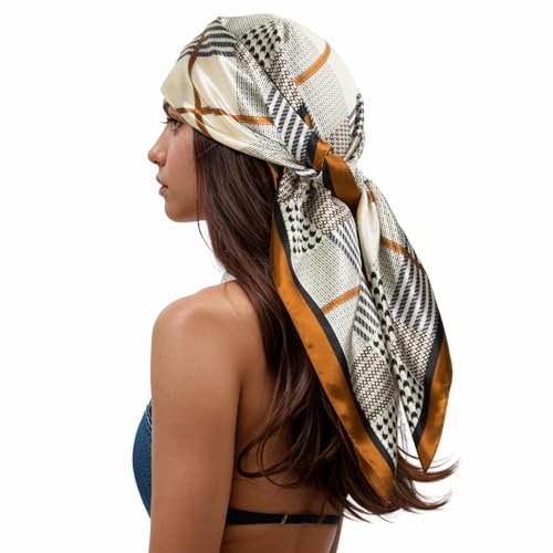 RIIQIICHY Head Scarf for Women Like Silk Scarf Hair Scarf Printed Square Scarf Bandanas for Women 35 Inches Brown/Black/Cream