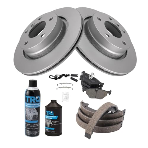 Image of TRQ Rear Brake Pad & Rotor Kit, with Chemical Kit Parking Brake Shoe Set Ceramic Premium G-Coated Compatible with 2000 BMW 323Ci 323i 2001-2006 325Ci 2001-2005 325i 328Ci