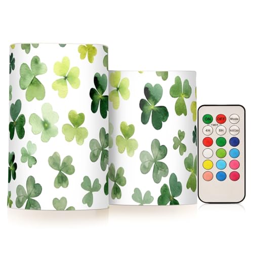 Image of St. Patrick's Day Lights Flameless Candles Patrick's Day Green Shamrock Leaves Pillar Candles Set of 2 Battery Operated Remote Control Warm Lights Home Decor