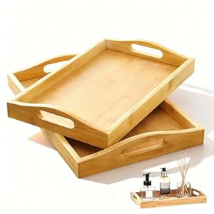 2 PCS Wooden Serving Tray, Large Bamboo Tray Rectangular Wooden Food Serving Trays with Handles for Tea Snack Coffee Display (40 X 28cm & 33 X 22cm)